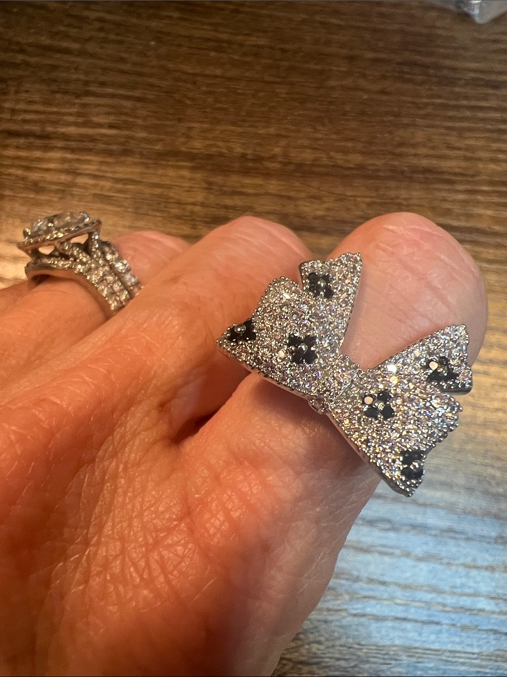 Silver Crystal Bow Ring with Black Accent Stones - Size 7